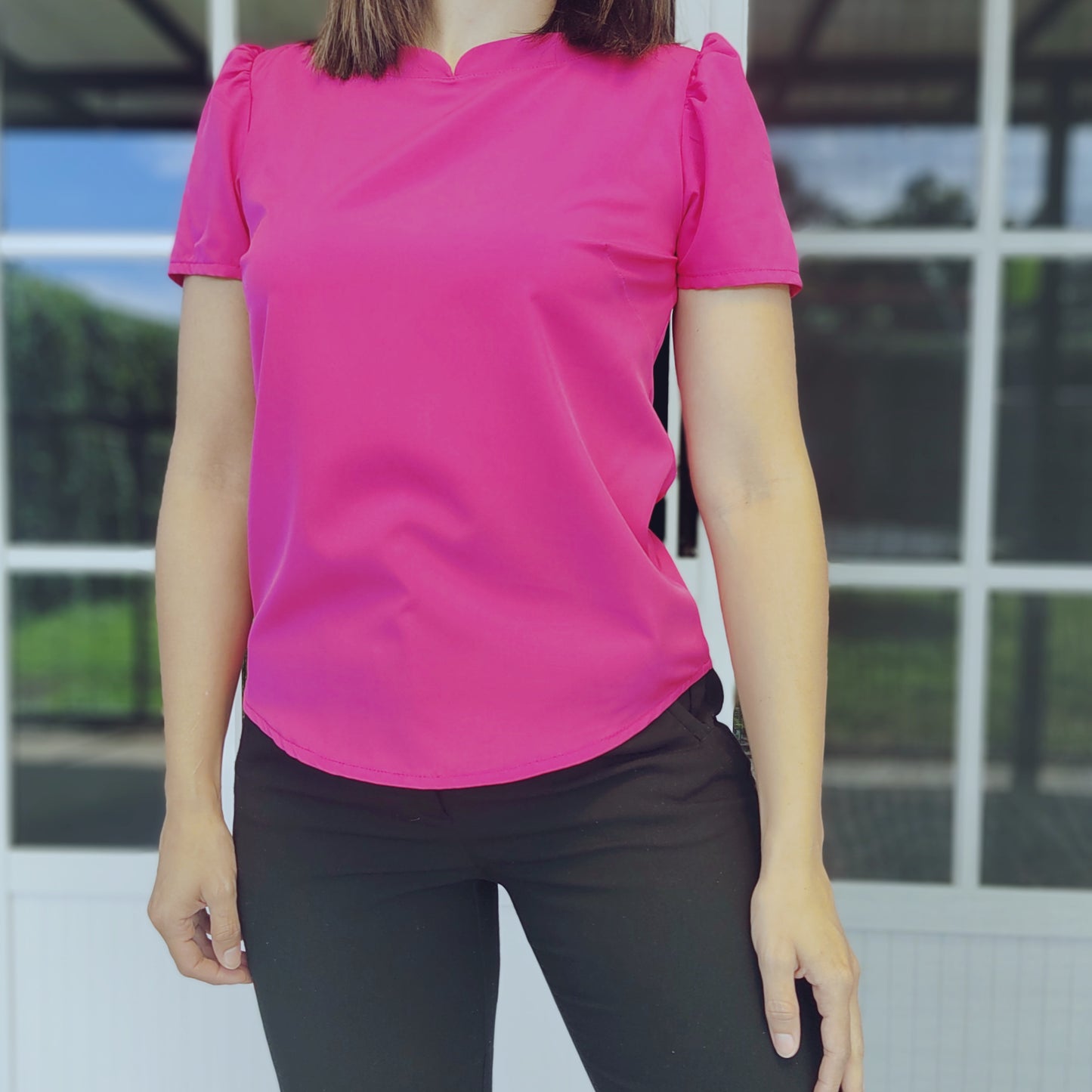 Blusa cuello chino fucsia