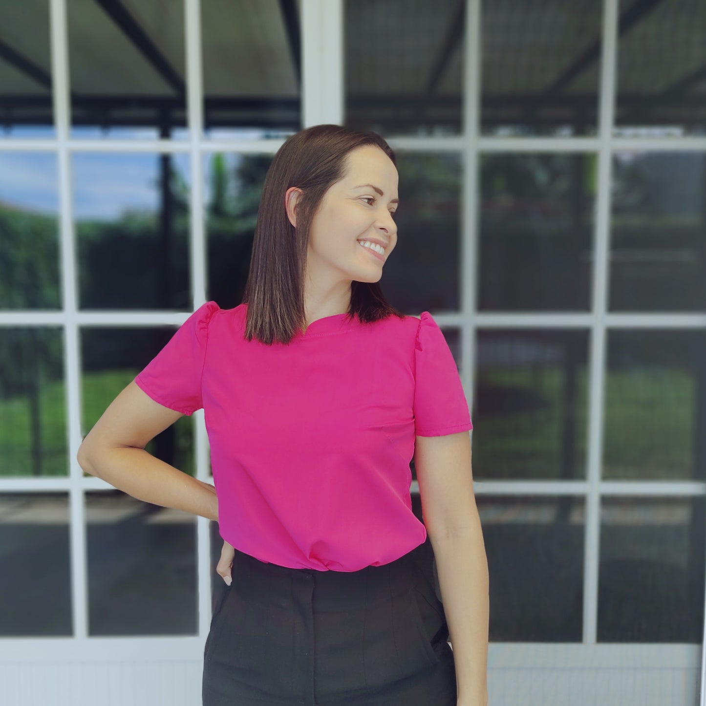 Blusa cuello chino fucsia